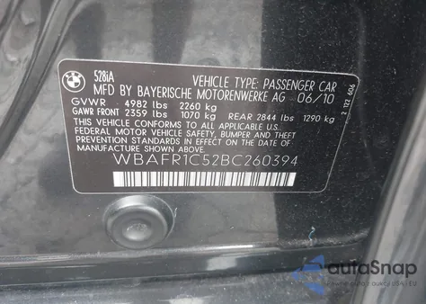 2011 BMW 528I из США, поврежденный, VIN WBAFR1C52BC260394